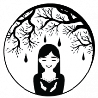 carolina raintree logo girl holding a book under a tree with rain